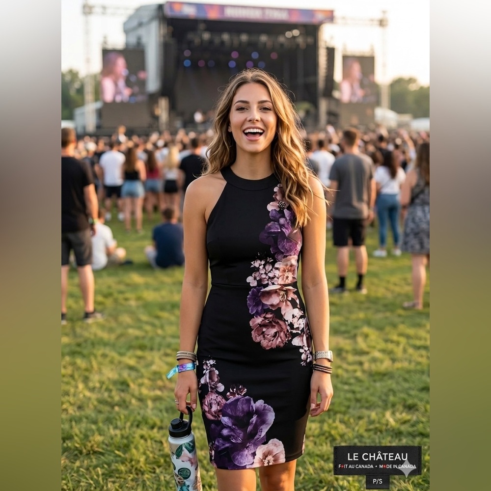 le chateau Black Midi Dress with Purple and Pink Floral Print